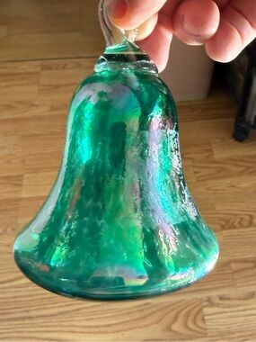 VTG. green Iridescent oil slick handblown closed glass Bell ornament